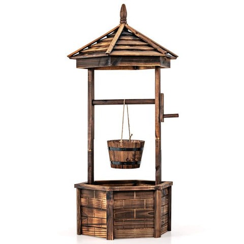 Outdoor Fir Wood Hexagonal Wishing Well Flower Planter in Brown
