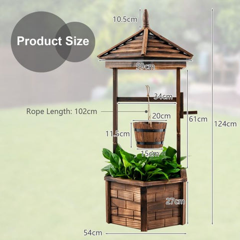 Outdoor Fir Wood Hexagonal Wishing Well Flower Planter in Brown
