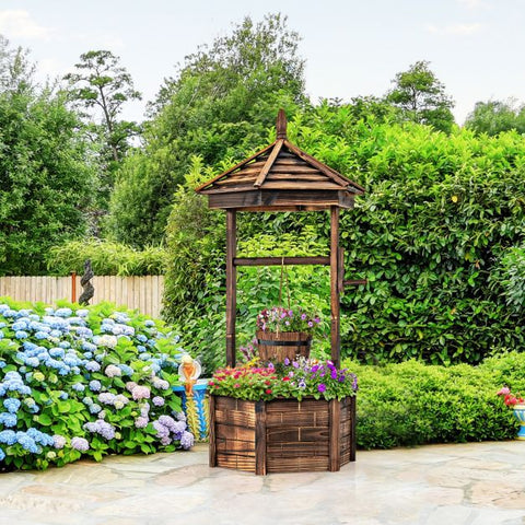 Outdoor Fir Wood Hexagonal Wishing Well Flower Planter in Brown