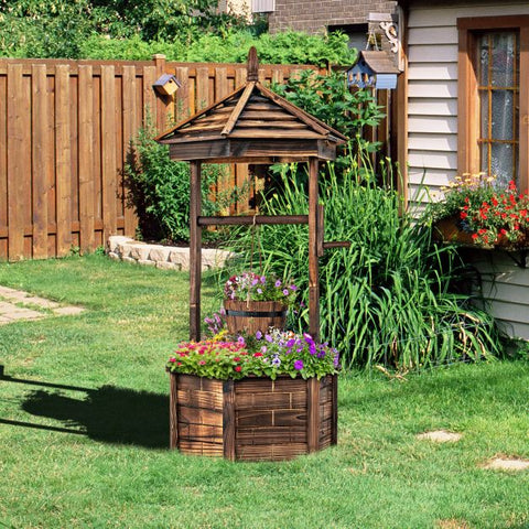 Outdoor Fir Wood Hexagonal Wishing Well Flower Planter in Brown
