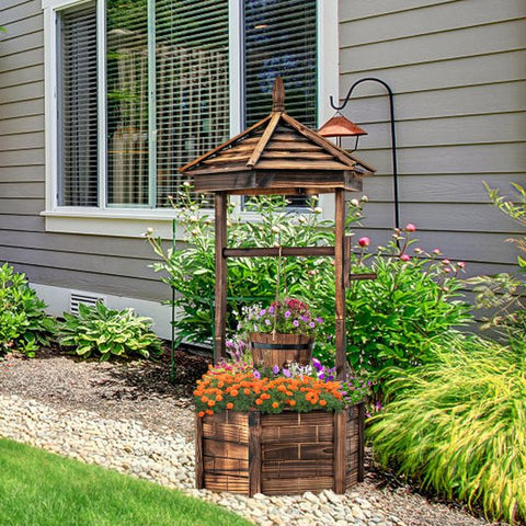 Outdoor Fir Wood Hexagonal Wishing Well Flower Planter in Brown