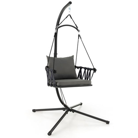 Indoor and Outdoor Hanging Swing with Heavy-Duty Metal Stand and Woven Backrest in Grey