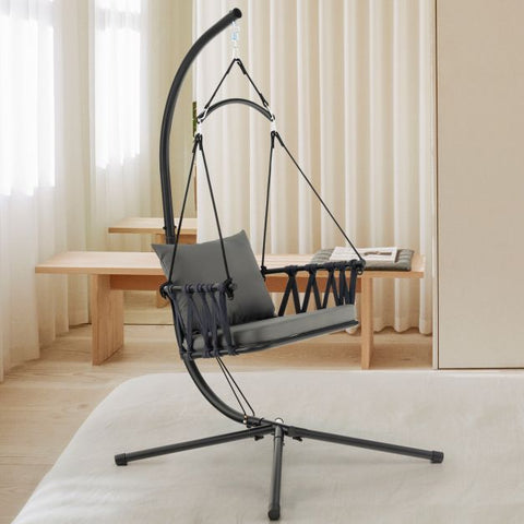 Indoor and Outdoor Hanging Swing with Heavy-Duty Metal Stand and Woven Backrest in Grey