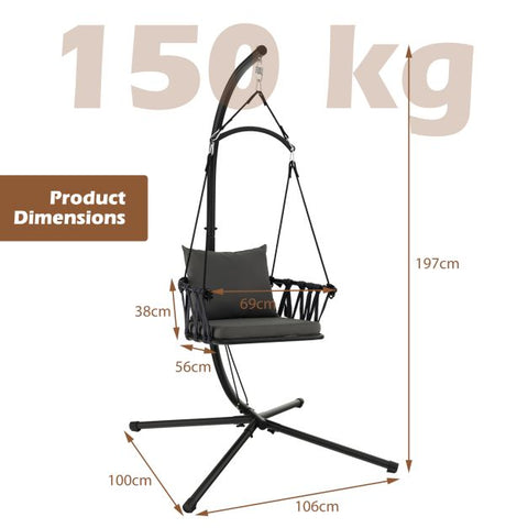 Indoor and Outdoor Hanging Swing with Heavy-Duty Metal Stand and Woven Backrest in Grey
