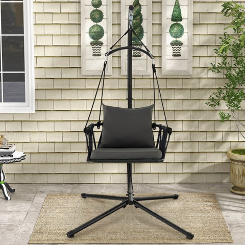 Indoor and Outdoor Hanging Swing with Heavy-Duty Metal Stand and Woven Backrest in Grey