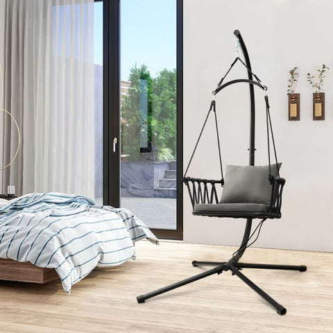 Indoor and Outdoor Hanging Swing with Heavy-Duty Metal Stand and Woven Backrest in Grey