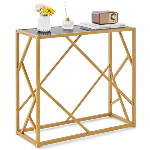 Stylish Gold Framed Entryway Console Table with Tempered Glass Table Top and Geometric Frame