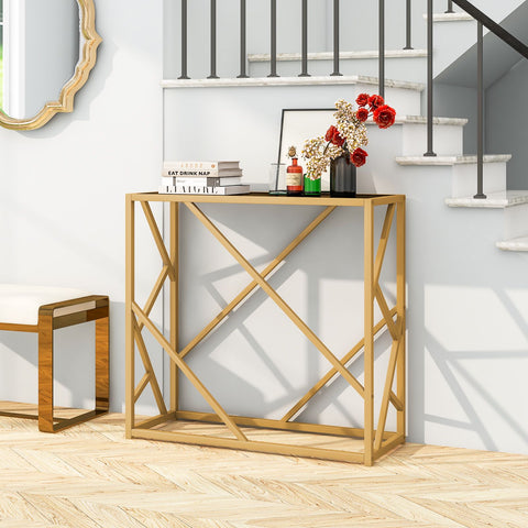 Stylish Gold Framed Entryway Console Table with Tempered Glass Table Top and Geometric Frame