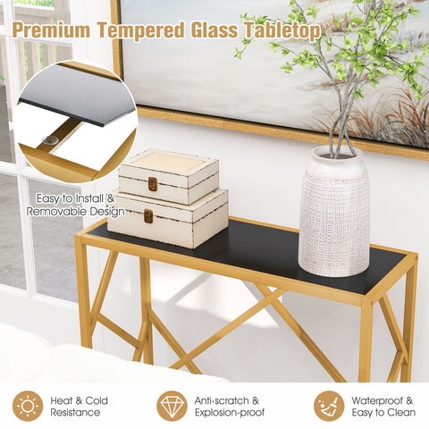 Stylish Gold Framed Entryway Console Table with Tempered Glass Table Top and Geometric Frame