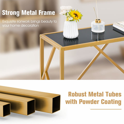 Stylish Gold Framed Entryway Console Table with Tempered Glass Table Top and Geometric Frame