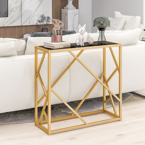 Stylish Gold Framed Entryway Console Table with Tempered Glass Table Top and Geometric Frame