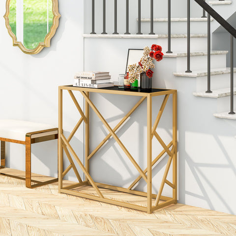 Stylish Gold Framed Entryway Console Table with Tempered Glass Table Top and Geometric Frame