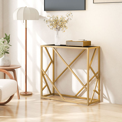 Stylish Gold Framed Entryway Console Table with Tempered Glass Table Top and Geometric Frame