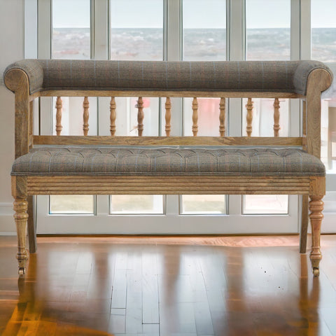Luxury Hallway Bench with Multi Tweed Button Design and Oak-ish Finish