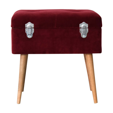 Mango Wood Nordic Style Storage Bench with Cotton Velvet in Wine Red