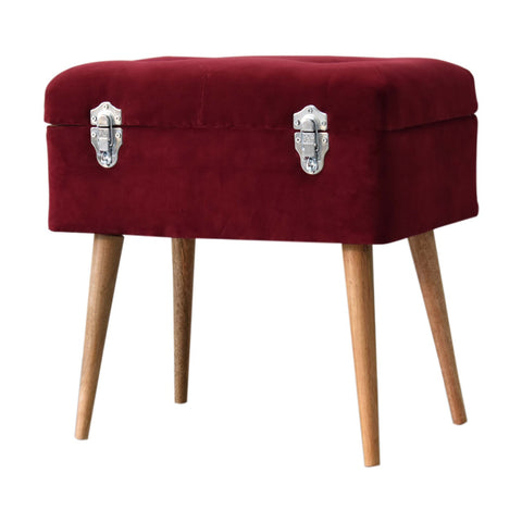Mango Wood Nordic Style Storage Bench with Cotton Velvet in Wine Red