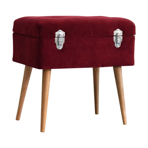 Mango Wood Nordic Style Storage Bench with Cotton Velvet in Wine Red