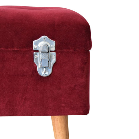 Mango Wood Nordic Style Storage Bench with Cotton Velvet in Wine Red