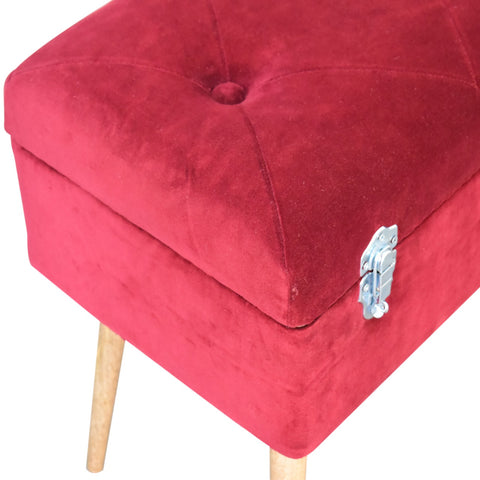 Mango Wood Nordic Style Storage Bench with Cotton Velvet in Wine Red