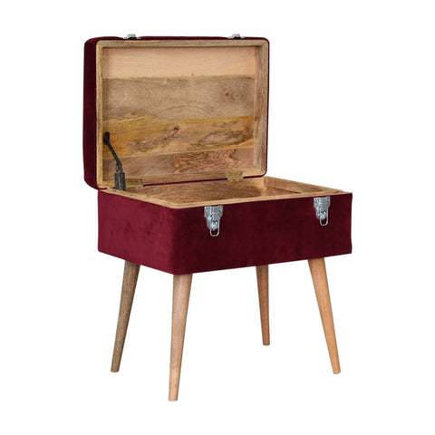Mango Wood Nordic Style Storage Bench with Cotton Velvet in Wine Red