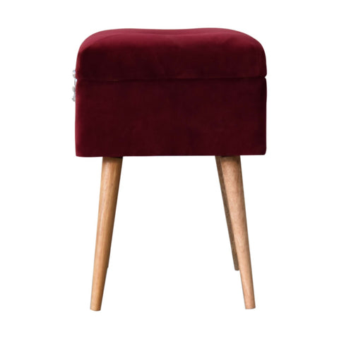 Mango Wood Nordic Style Storage Bench with Cotton Velvet in Wine Red