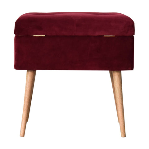 Mango Wood Nordic Style Storage Bench with Cotton Velvet in Wine Red