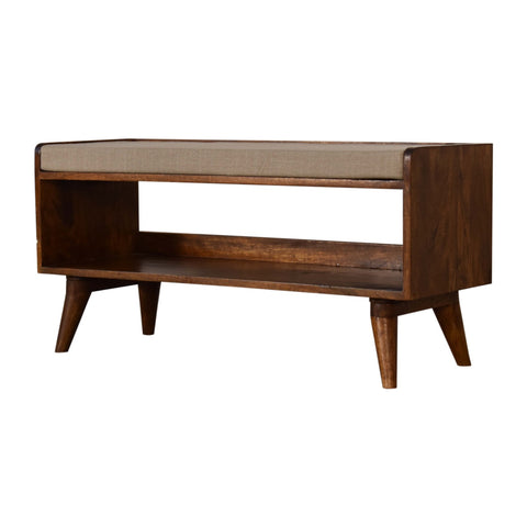 Nordic Style Storage Bench with Mud Linen and Chestnut Finish