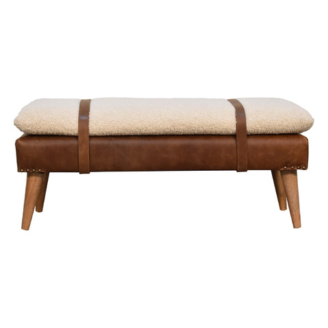 Belted Strap Leather Bench with Bouclé Yarn Fabric and Oak-ish Finish