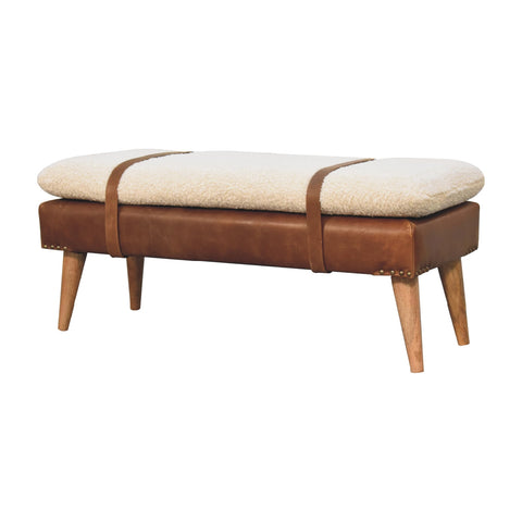 Belted Strap Leather Bench with Bouclé Yarn Fabric and Oak-ish Finish