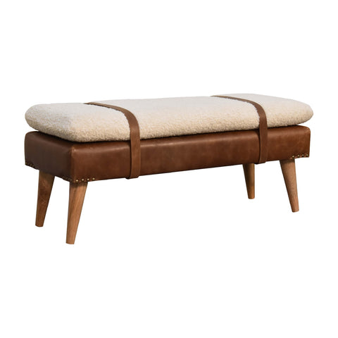 Belted Strap Leather Bench with Bouclé Yarn Fabric and Oak-ish Finish