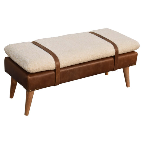 Belted Strap Leather Bench with Bouclé Yarn Fabric and Oak-ish Finish