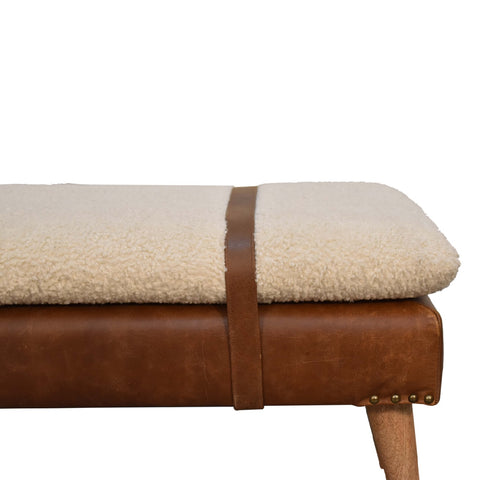 Belted Strap Leather Bench with Bouclé Yarn Fabric and Oak-ish Finish