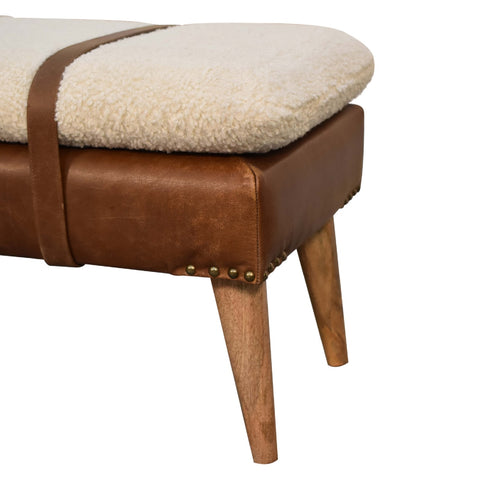 Belted Strap Leather Bench with Bouclé Yarn Fabric and Oak-ish Finish