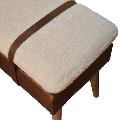 Belted Strap Leather Bench with Bouclé Yarn Fabric and Oak-ish Finish