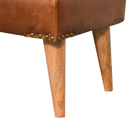 Belted Strap Leather Bench with Bouclé Yarn Fabric and Oak-ish Finish