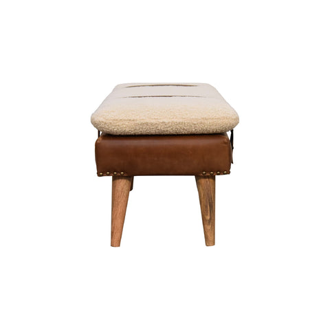 Belted Strap Leather Bench with Bouclé Yarn Fabric and Oak-ish Finish
