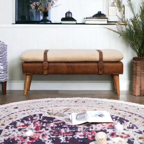 Belted Strap Leather Bench with Bouclé Yarn Fabric and Oak-ish Finish