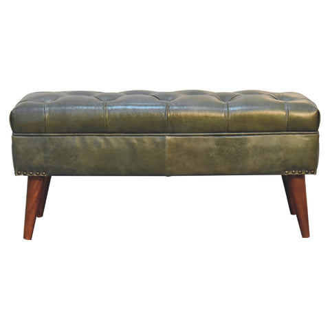 Modern Hallway Bench with Buffalo Leather and Chestnut Finish in Olive Green