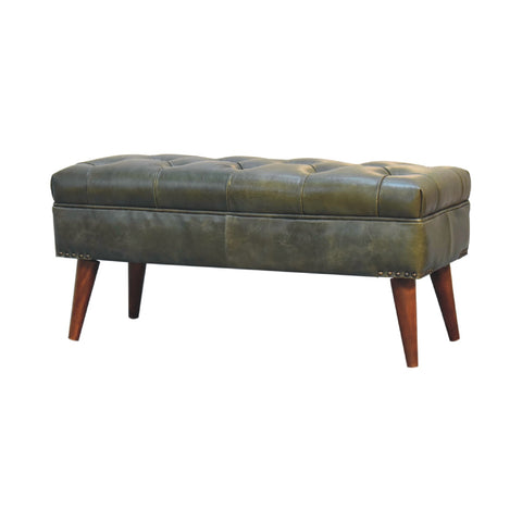 Modern Hallway Bench with Buffalo Leather and Chestnut Finish in Olive Green