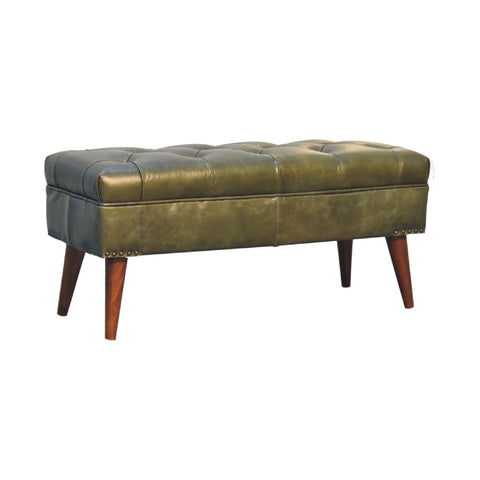 Modern Hallway Bench with Buffalo Leather and Chestnut Finish in Olive Green