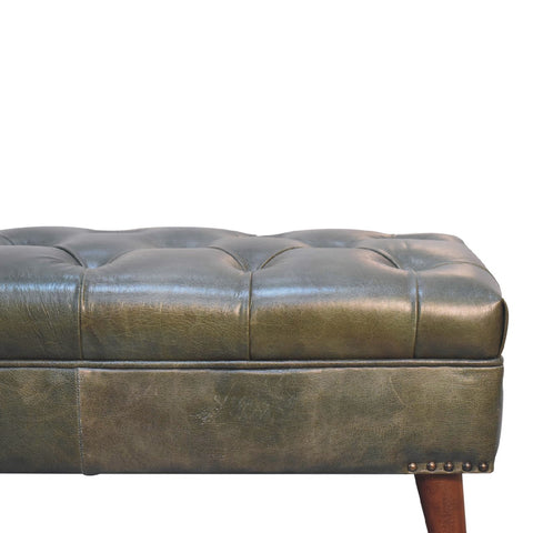 Modern Hallway Bench with Buffalo Leather and Chestnut Finish in Olive Green