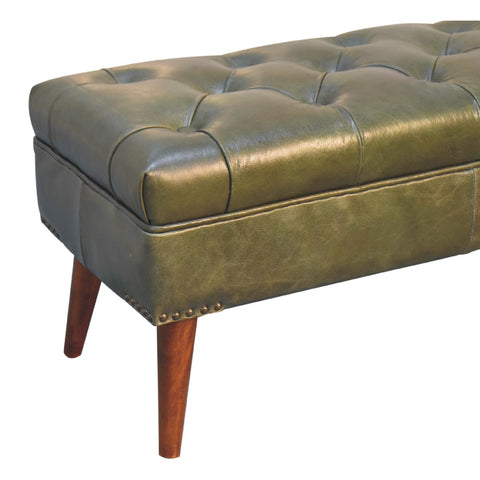 Modern Hallway Bench with Buffalo Leather and Chestnut Finish in Olive Green