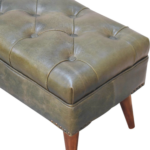 Modern Hallway Bench with Buffalo Leather and Chestnut Finish in Olive Green