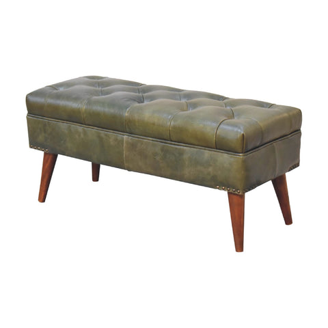 Modern Hallway Bench with Buffalo Leather and Chestnut Finish in Olive Green