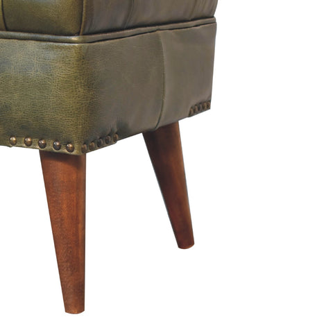 Modern Hallway Bench with Buffalo Leather and Chestnut Finish in Olive Green