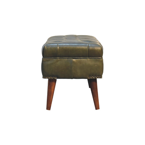 Modern Hallway Bench with Buffalo Leather and Chestnut Finish in Olive Green