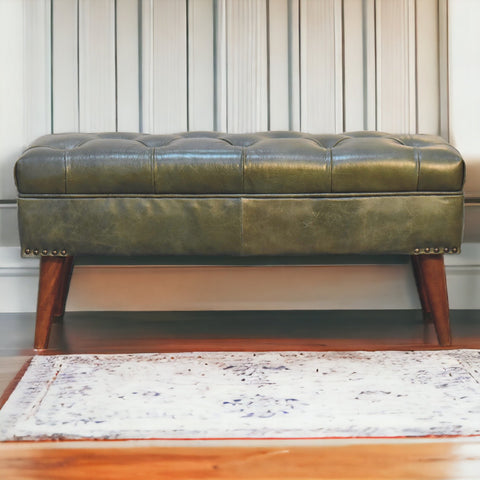 Modern Hallway Bench with Buffalo Leather and Chestnut Finish in Olive Green