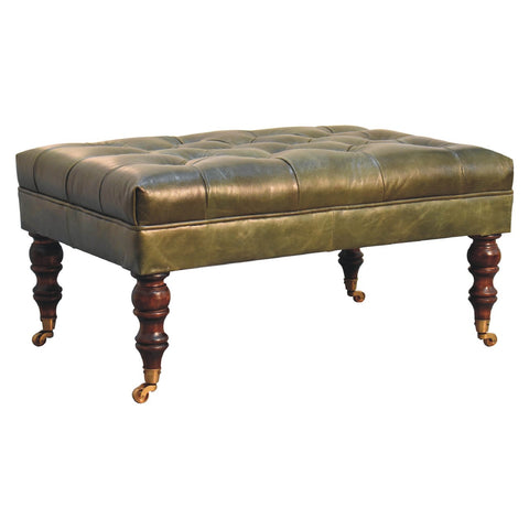 Luxury Ottoman with Buffalo Hide Leather in Green