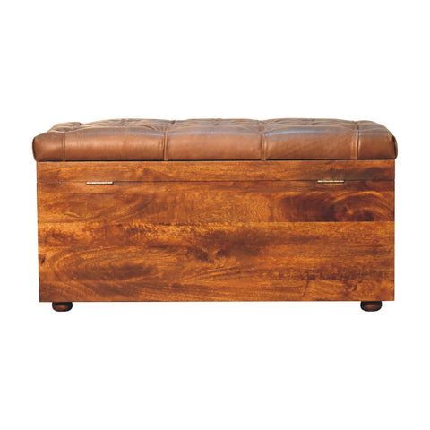 Solid Wood Storage Trunk with Oak-ish Finish and Buffalo Hide Leather in Brown
