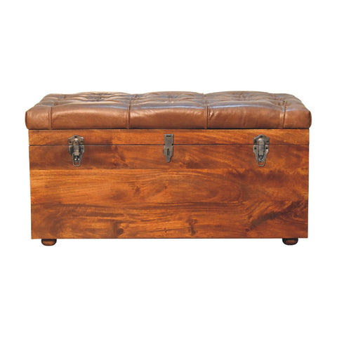 Solid Wood Storage Trunk with Oak-ish Finish and Buffalo Hide Leather in Brown